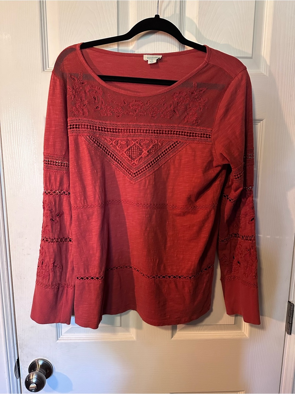 Sundance Red Crochet Panel Long Sleeve Top